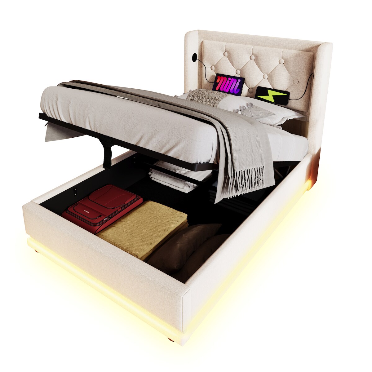 OKWISH Polsterbett Einzelbett 90×200 cm Beige Baumwolle mit hydraulischem Stauraum USB- und Typ-C-Ladefunktion modernes Schlafzimmer Image