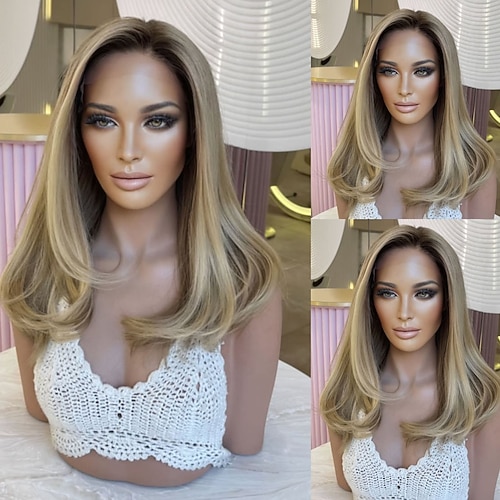 Brasilianisches reines Menschenhaar, klebefrei, 5 x 5 Spitzenverschluss, Perücken, gerade, 13 x 4 Spitzenfrontperücke für Frauen, Ombre-Blond-Highlight, Menschenhaarperücke, natürlicher Haaransatz Image