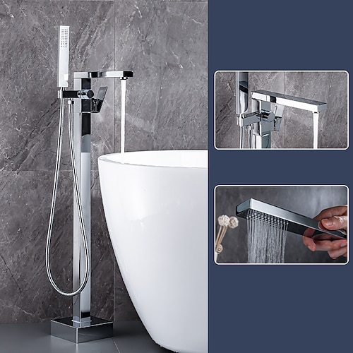 Freistehender Badewannenhahn, 360 ° schwenkbarer Auslauf, Bodenmontage, stehender Wannenfüller, Einhand-Messinghahn mit Handbrausesprüher Image