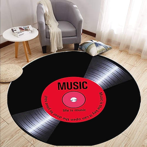 Schallplattenrunde Teppich für Wohnzimmer und Schlafzimmer retro stilvoller Musik Teppich Fußmatte weicher rutschfester maschinenwaschbarer Teppich Eingangsbereich Sofa Hocker Heimdekoration Image
