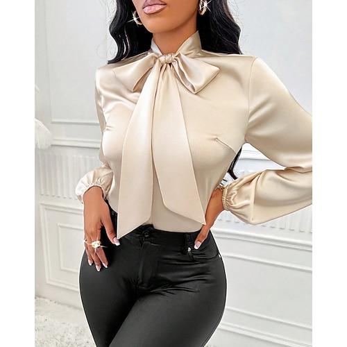 Damen Hemd Elegant Satin-Top Satinhemd Schleife Einfarbig Elegant Stilvoll Basic Langarm Krawattenhals Normale Oberteile Täglich Ausgehen Aprikose Frühling Herbst Image