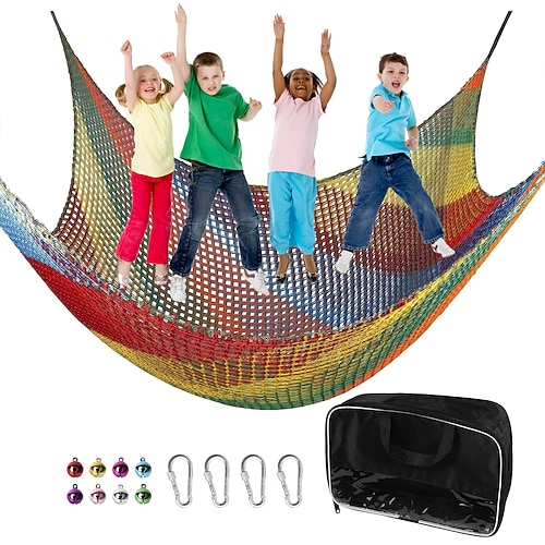 Regenbogen-Kletternetz für Spielplätze, doppellagige Sicherheitsseilbrücke, wetterbeständiges Polyester für Baumhäuser, Outdoor-Abenteuer und Spaß im Garten, Abenteuer-Spielset Image