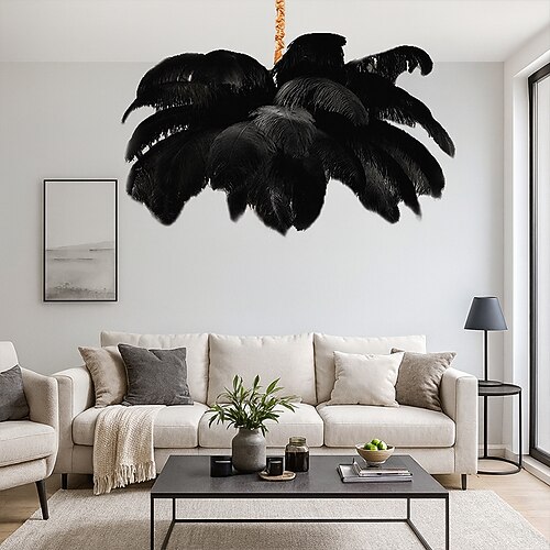 Wunderschöne, extra große LED-Pendelleuchte mit weißem Straußenfederbouquet, romantische Wandleuchte für Restaurant und Schlafzimmer, verstellbare Kette (inkl. kostenloser Ersatzbirne!). Image