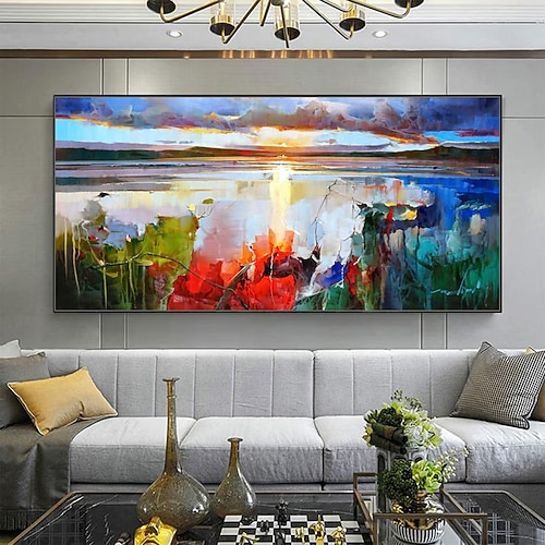 Mintura handgefertigte Ölgemälde mit Seeblick auf Leinwand, Wandkunst, Dekoration, modernes abstraktes Landschaftsbild für die Inneneinrichtung, gerolltes, rahmenloses, ungedehntes Gemälde Image