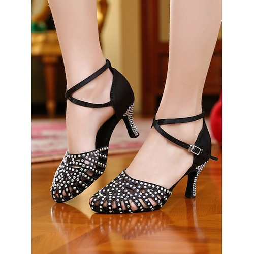 Ballsaal-Tanzschuhe mit Knöchelriemen und Strasssteinen für Damen mit mittlerem Absatz – professionelles lateinamerikanisches Übungsschuhwerk für die Gatsby-Party Image