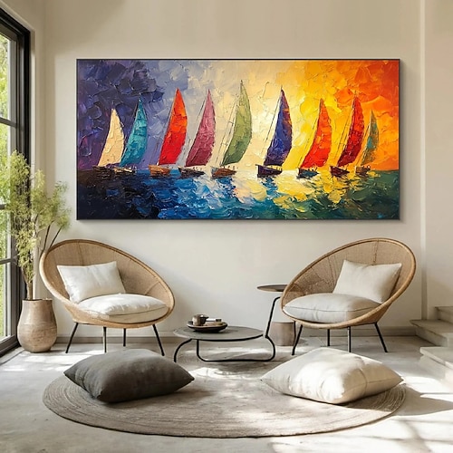 hellblaues Meereslandschafts-Segelboot-Ölgemälde, handgemalte Wandkunst, abstraktes Strand-Meereslandschaftsgemälde auf Leinwand, Wohnzimmer-Wandgemälde, riesiges extragroßes Wandkunstgemälde-Dekor Image