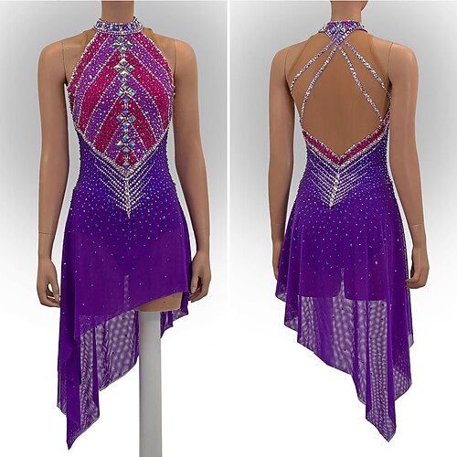 Eiskunstlaufkleid Damen Mädchen Eislaufen Kleid Purpur Patchwork Asymmetrischer Saum Netzstoff Spandex Hohe Elastizität Training Wettbewerb Eiskunstlaufkleidung Klassisch Kristall / Strass Ärmellos Image