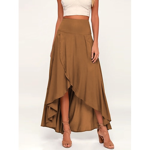 Damen Mode Lässig Maxi Hohe Taille Röcke Einfach Rüsche Mikroelastisch Täglich Straße Wein Schwarz Rosa Braun Frühling Polyester Image