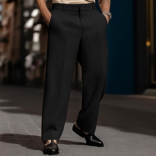 Herren Hose Anzughose Baggy-Hosen Waffelhose Tasche Weites Bein Einfach Atmungsaktiv Volle Länge Outdoor Party Geschäft Urlaub Mode Schwarz Weiß Unelastisch Image
