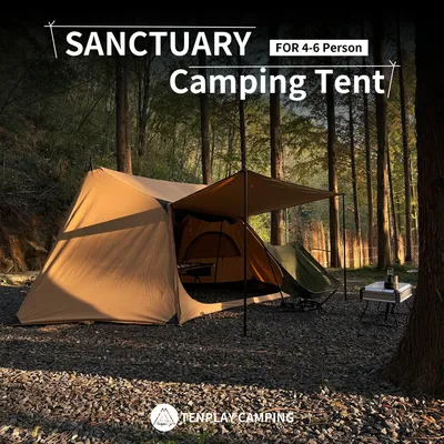 Tenplay 4-6 Person Hexagon Bell Tent, Cotton Canvas Camping Tent with Stove Jack Waterproof Double Door Outdoor Tent for Camping