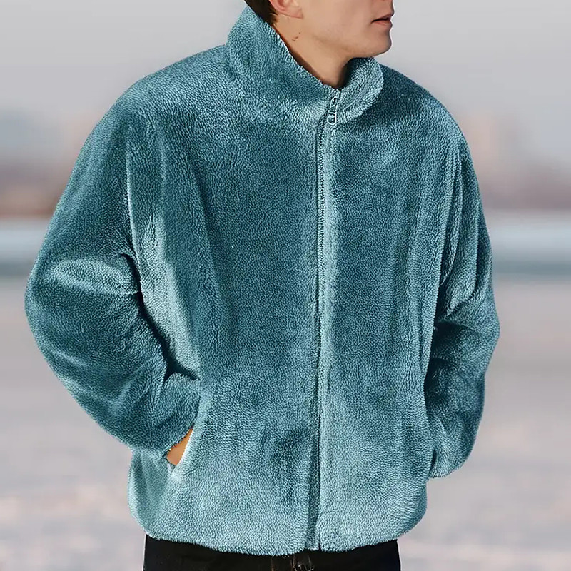Men's Winter Jacket Fleece Jacket Teddy Coat Vacation Daily Thermal Warm Pocket Fleece Winter Plain Fashion Streetwear Stand Collar Regular Black Blue Dark Blue Gray Jacket