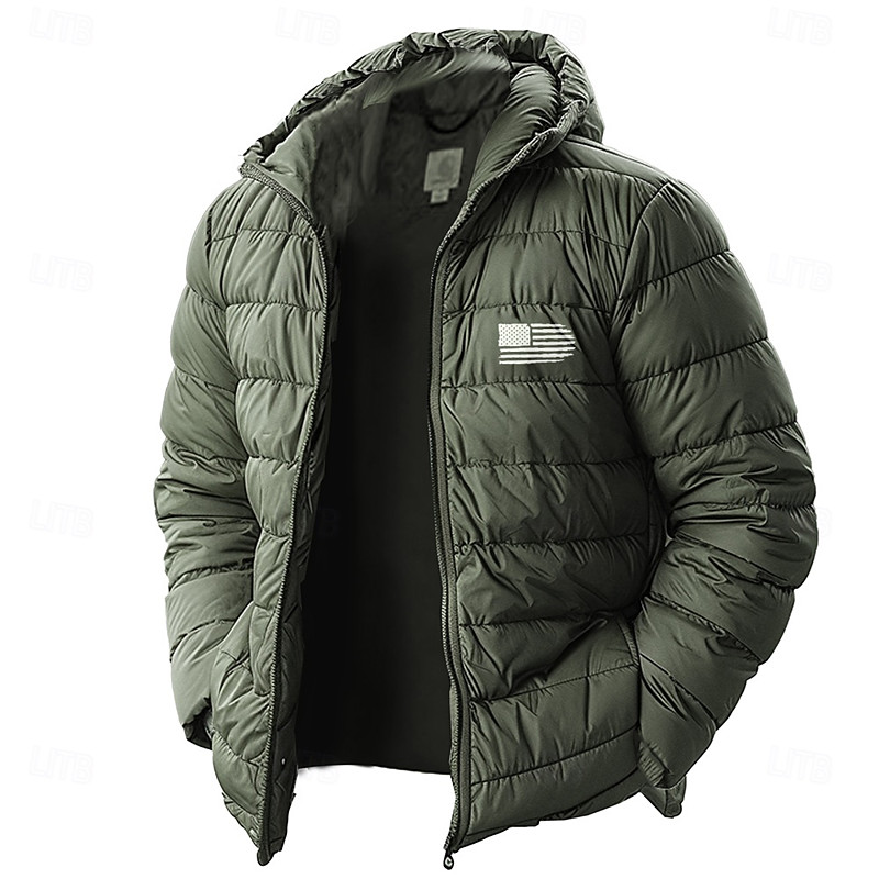 Men's American US Flag Winter Coat Down Jacket Puffer Jacket Thermal Warm Rain Waterproof Lightweight Casual Outdoor Daily Padded Quilted Hooded Jacket Fall Winter Hooded Long Sleeve Red Royal Blue
