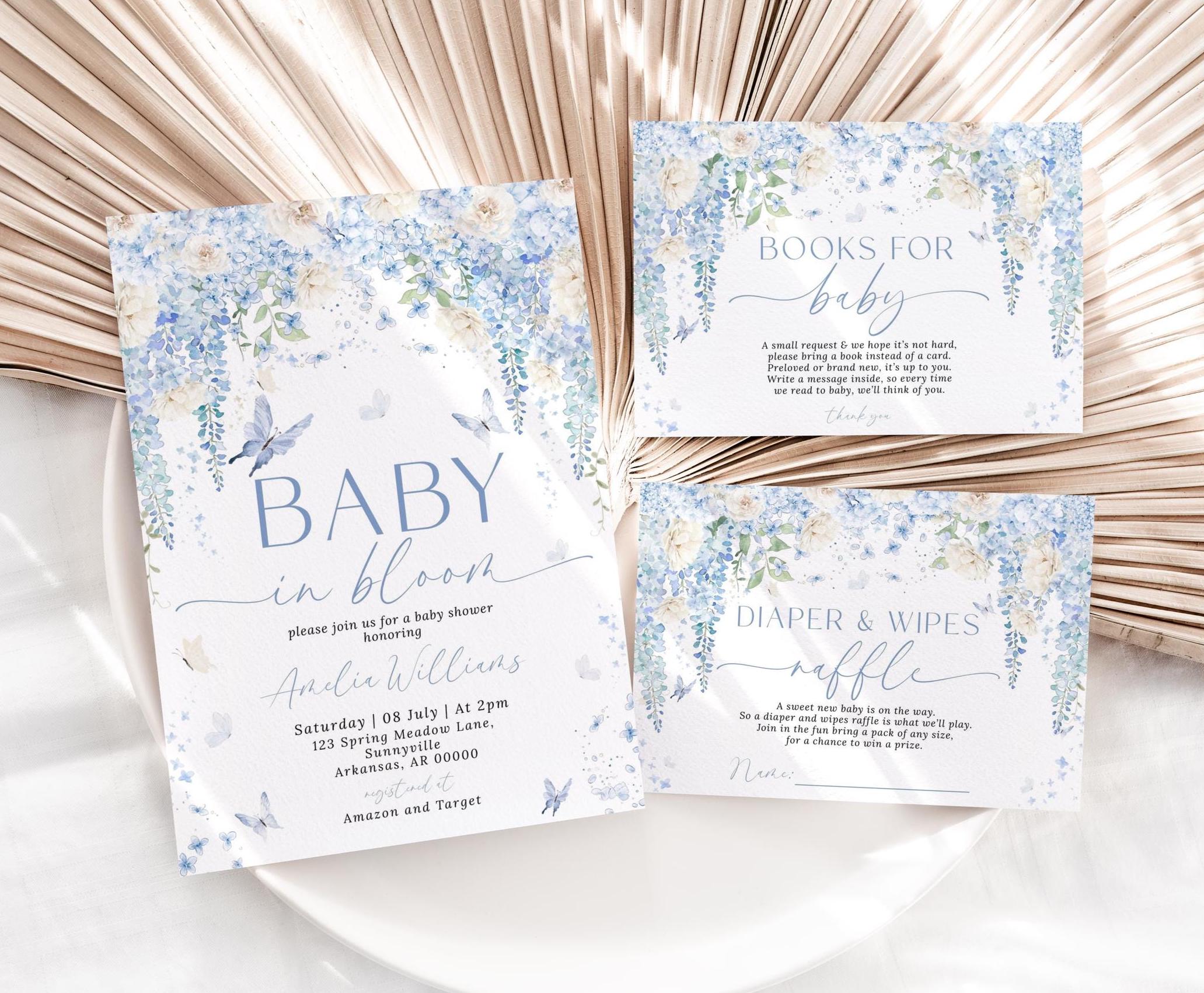 "Inviti per baby shower \"Blue Baby in Bloom\", baby shower per maschietti, modello Canva, invito per baby shower \"Baby in Bloom\", baby primaverile, flor"