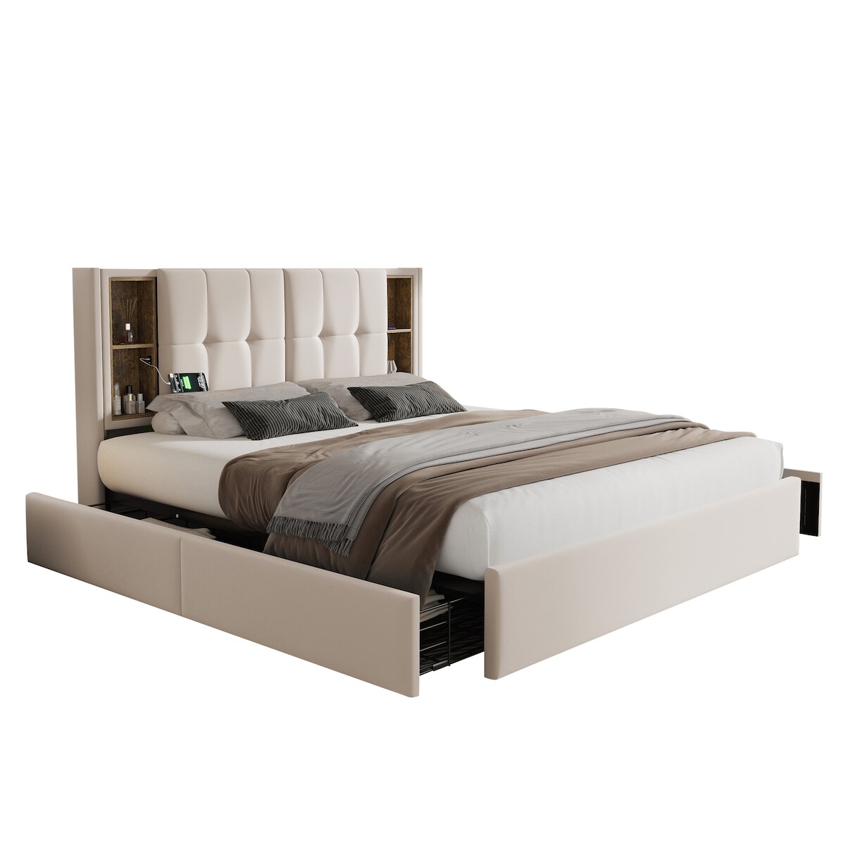 OKWISH Polsterbett 160x200 cm Beige Samt mit kabellosem Laden, USB-Anschlüssen und 4 Schubladen, modernes Doppelbett mit Stauraum und elegantem Design Image