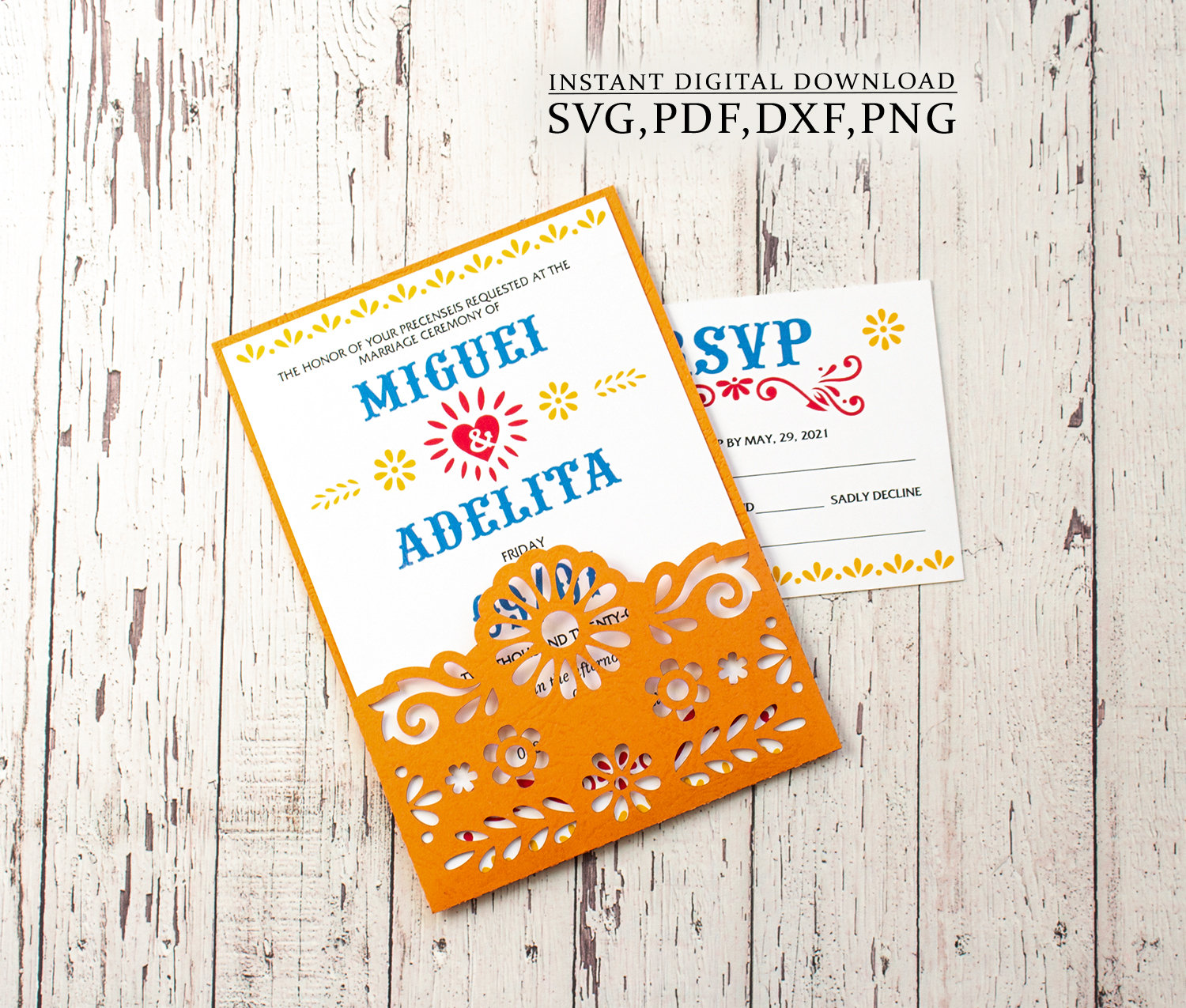 Modello di invito messicano in formato SVG, busta tascabile Picado matrimonio 5x7 in formato SVG per Cricut, Taglio Laser, Cameo SVG DXF ai cdr