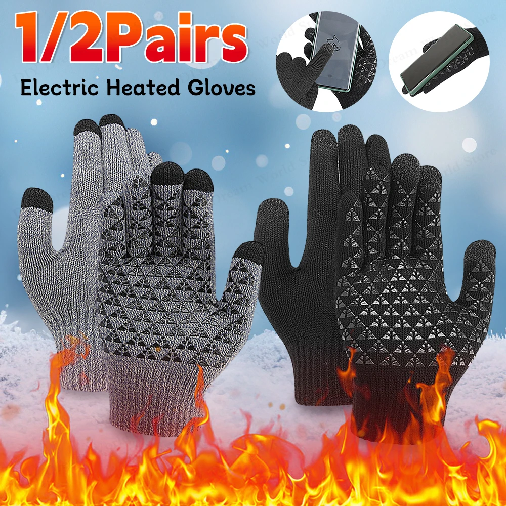 Winter Radfahren Elektrische Beheizte Handschuhe Sport Laufen Motorrad Ski Touchscreen Fleece Handschuhe Nicht-slip Warme Volle Finger Image