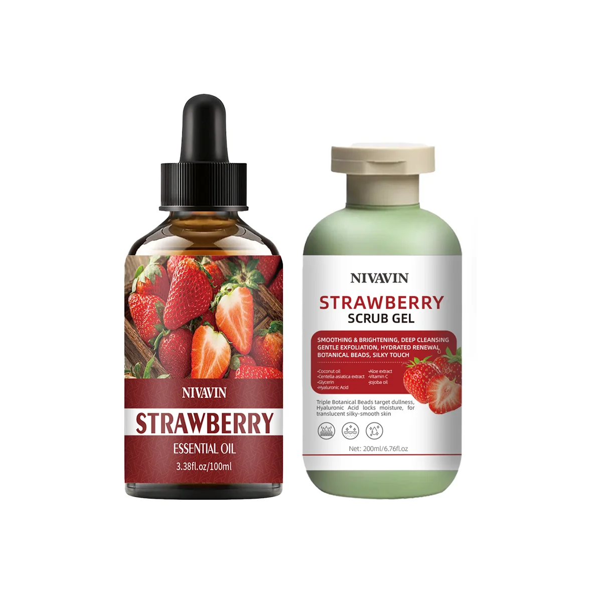 NIVAVINStrawberry Skin Care Set, 200 ml Peeling-Gel + 100 ml ätherisches Öl, Tiefenreinigung und beruhigende Haut Image