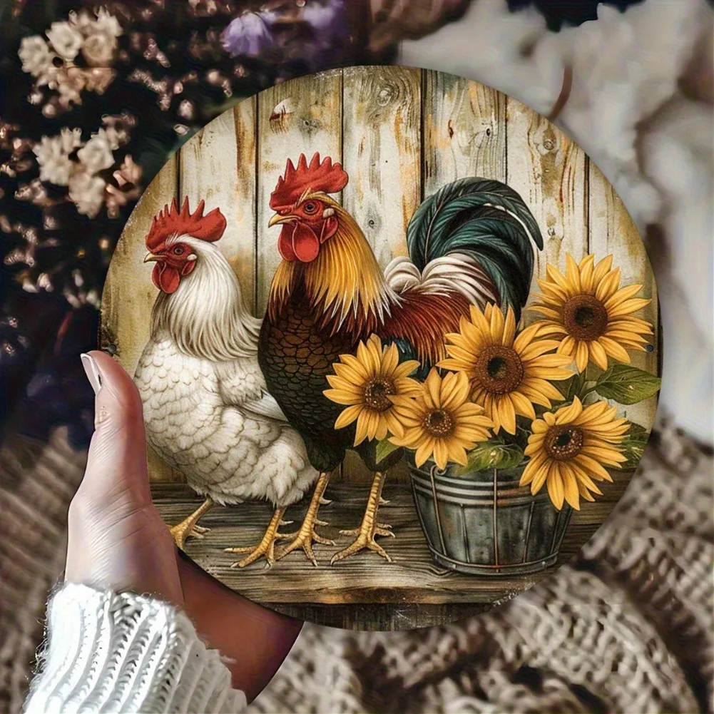 1 Stück 20,3 x 20,3 cm großes Aluminium-Wandschild „Vintage Sunflower and Rooster Dawn“ – rustikale, farbenfrohe Metallkunst für Zuhause, Küche, Garten, Café