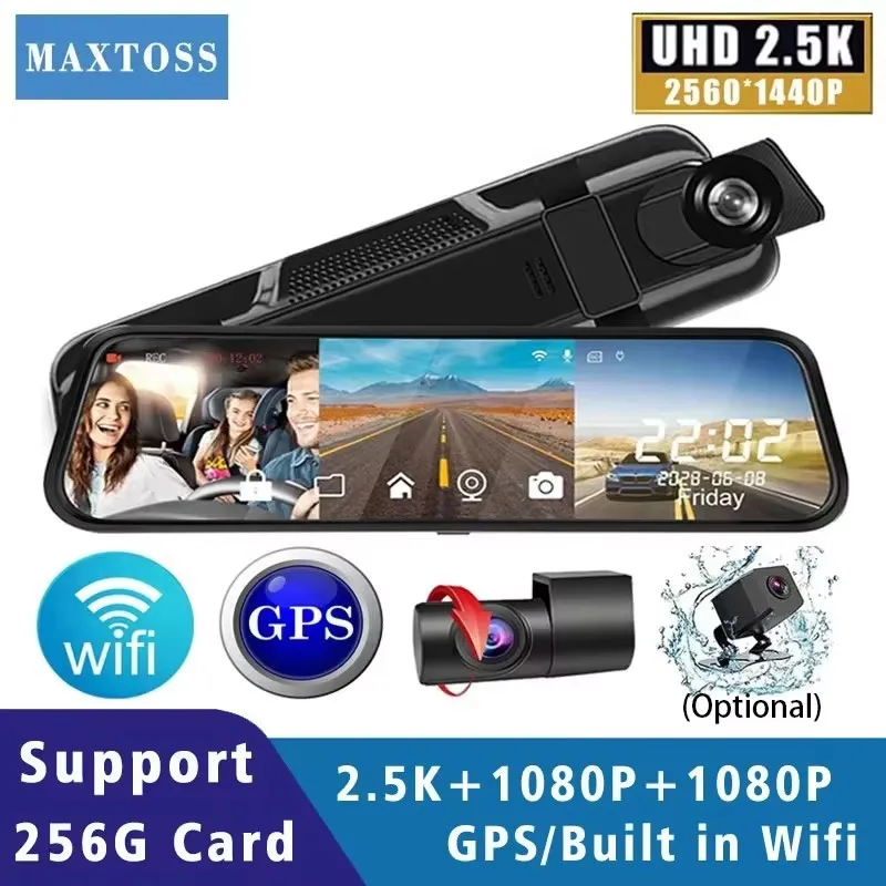 10 Zoll 3 Kanal 2,5 K + 1080 P + 1080 P Dash Cam GPS WIFI Innen Auto Dvr Spiegel Kamera stick Recorder Dashcam IPS Stream Rückansicht Image