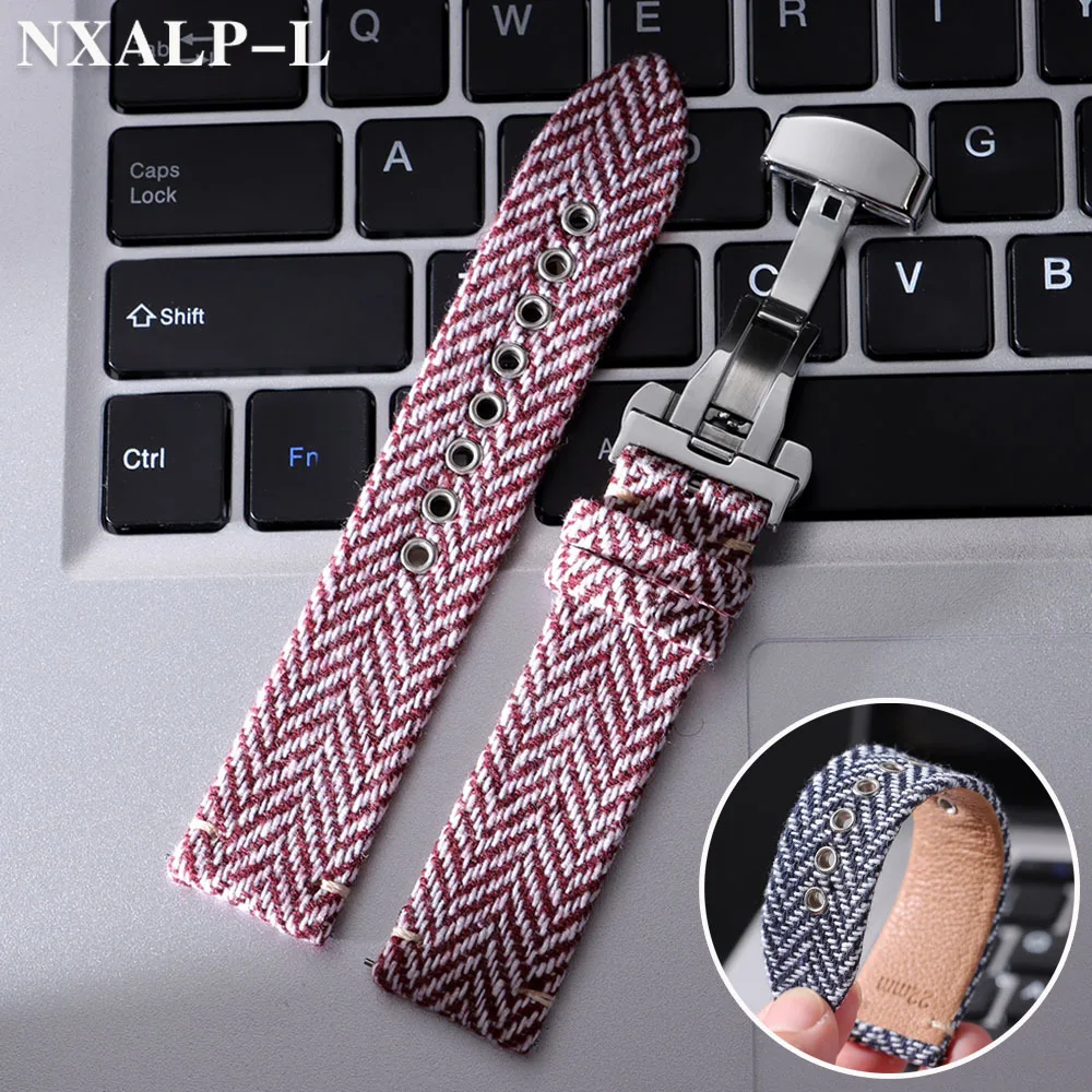 Weben Tweed Riemen Leder Uhrenarmband Schmetterlingsschnalle für Omega für Seiko Armband Männer Frauen Schnellverschlussbänder 18mm 20mm 22mm Image