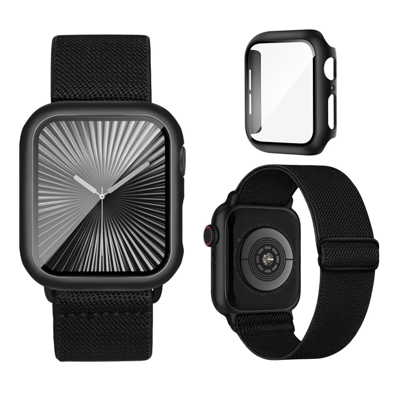 Glas + Gehäuse + Armband für Apple Watch Band 45 mm 44 mm 42 mm 49 mm 40 mm 46 mm elastisches Nylon iWatch Serie 8 9 7 6 5 4 3 SE Ultra Image