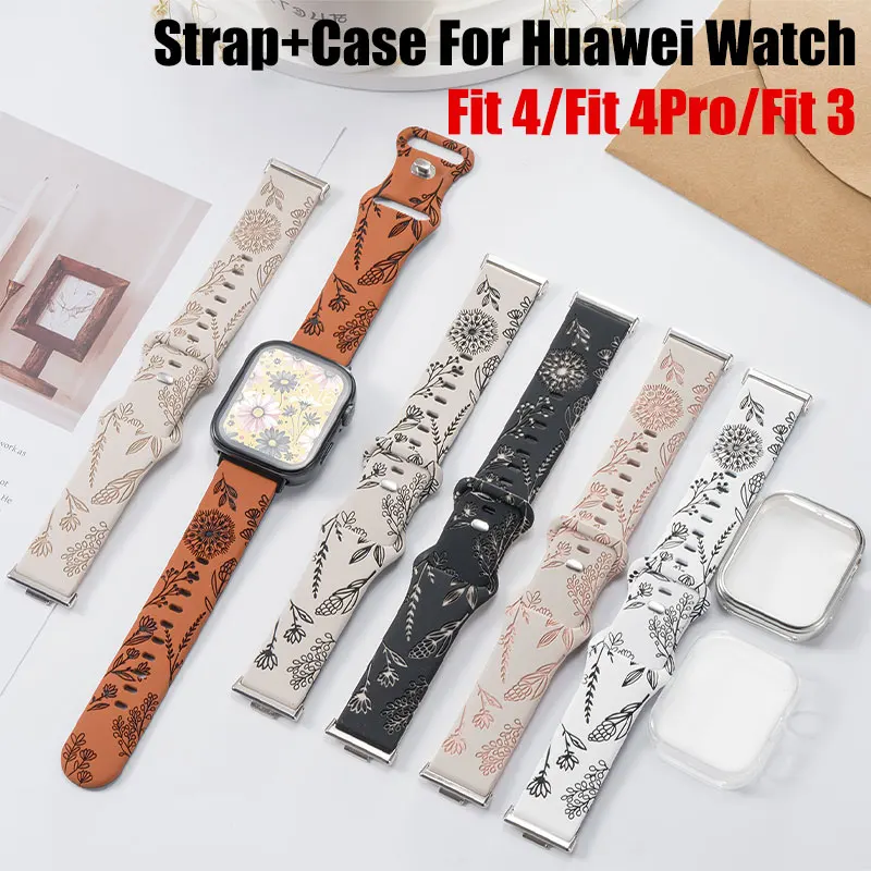 Drucke Design Armband + Hülle für Huawei Watch Fit 4 / Watch Fit 4 Pro Protector TPU Hülle Sport Blumenarmband für Huawei Fit 3 Armbänder Image