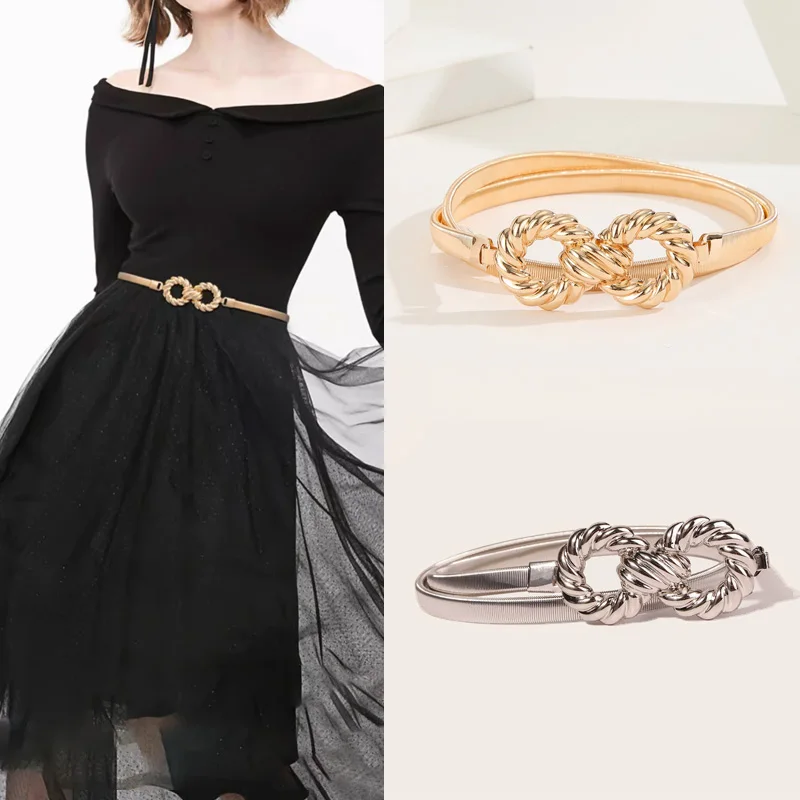 Damen-Kettengürtel aus Metall und Gold, goldfarben, für Damen, klassisches einziehbares Muster, runde Schnalle, elegante Taillenkette, Kleideraccessoires Image