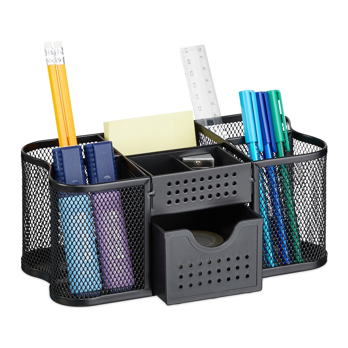 Relaxdays Schreibtisch Organizer, Büro Organizer mit Stiftehalter & Schublade, Metall, HBT: 10 x 23,5 x 11,5 cm, schwarz Image