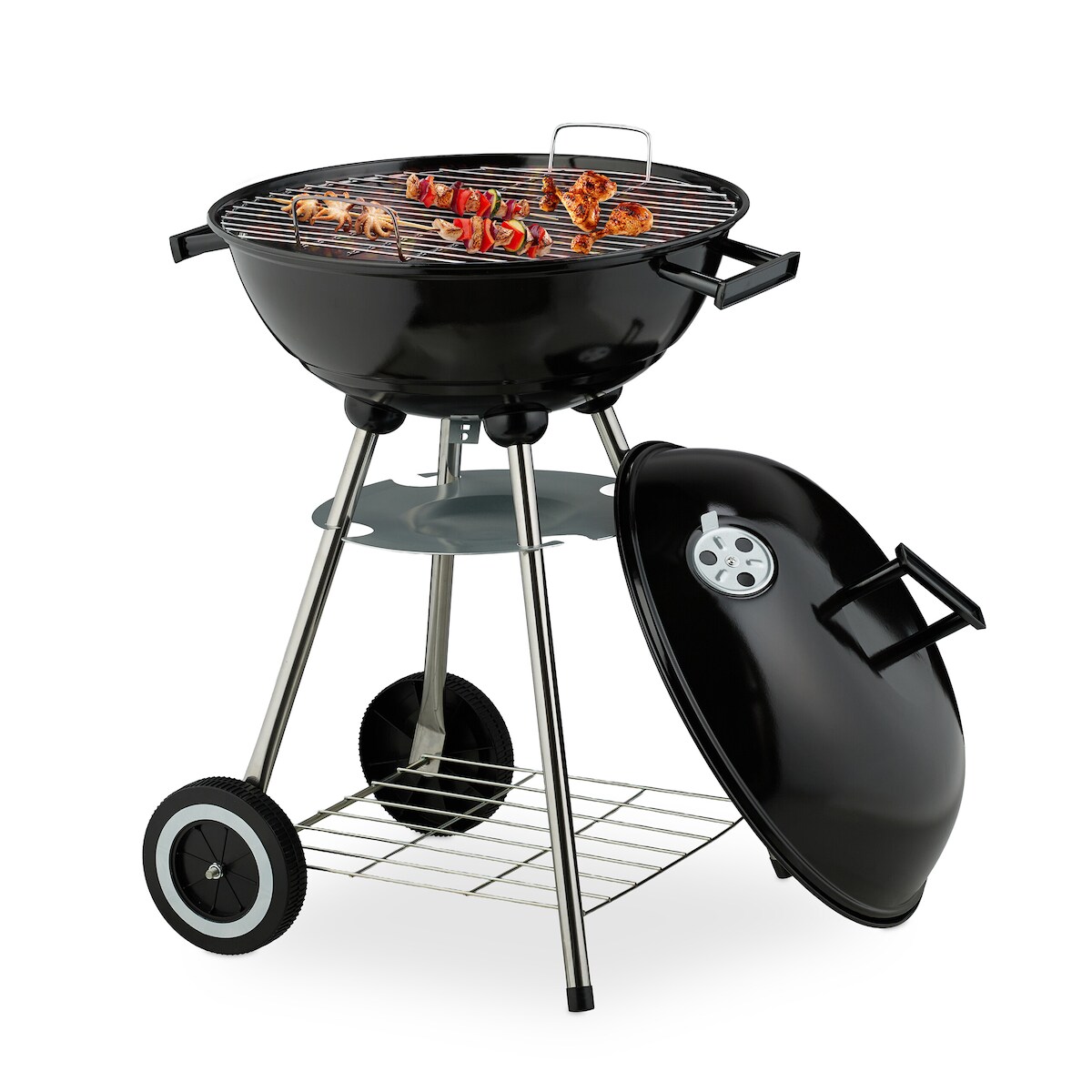Relaxdays Kugelgrill, Ø 44 cm, Grillrost, Grillkugel mit Ascheschale, Holzkohlegrill mit Rädern, BBQ Griller, schwarz Image