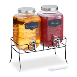 Relaxdays Getränkespender mit Ständer, 2er Set, Limobehälter 4L, Zapfhahn und Deckel, Wasserspender, Glas, transparent Image