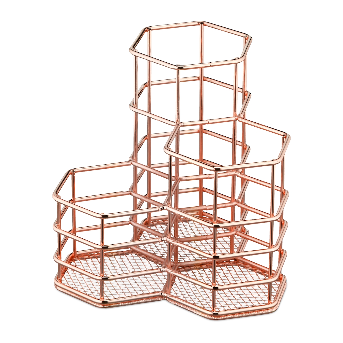 Relaxdays Pinselhalter, 3 Fächer, sechseckig, H x B x T: 12,5 x 12 x 12,5 cm, Draht, Stiftebecher Schreibtisch, rosegold Image