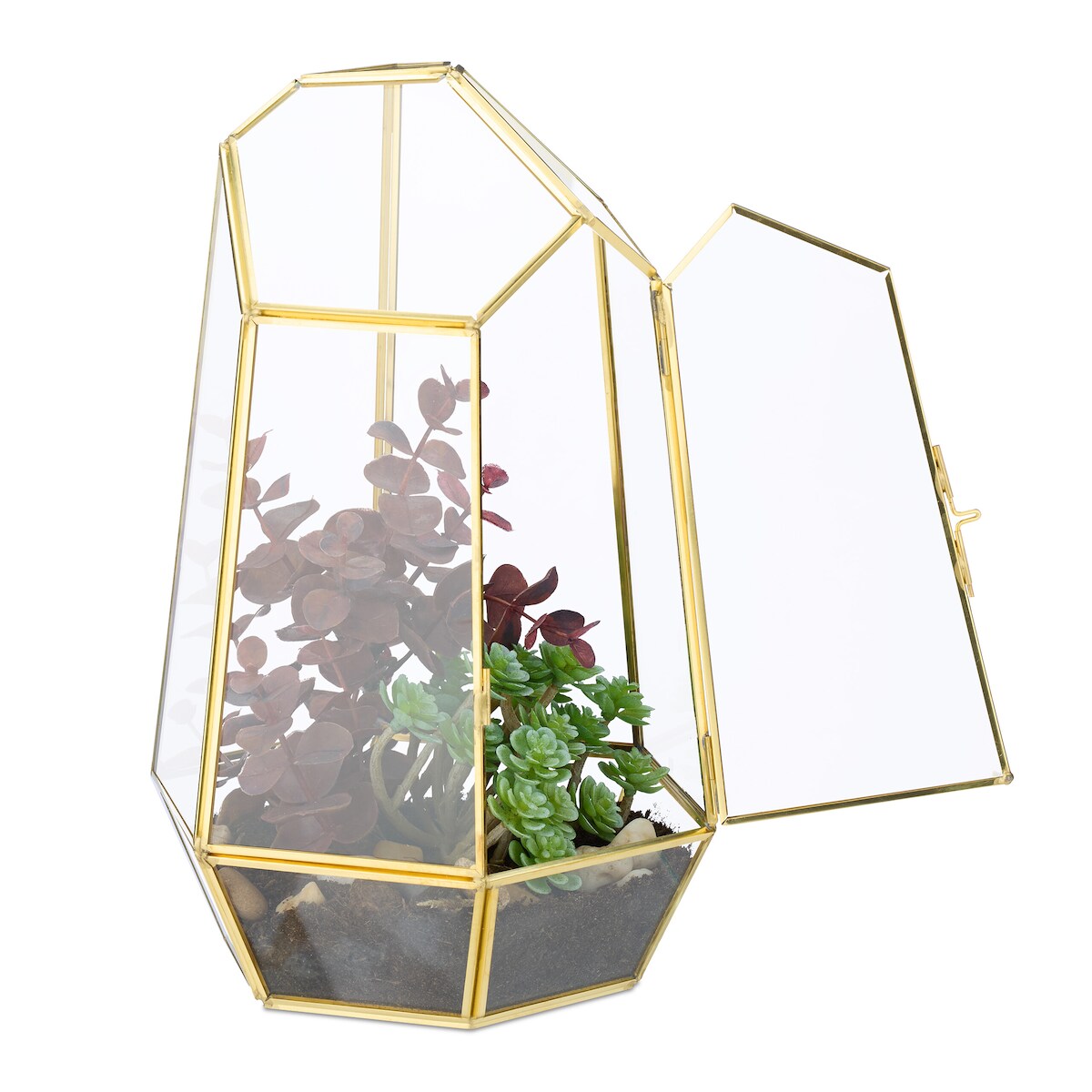 Relaxdays Pflanzenterrarium, Glas & Kupfer, HBT: 26x18x15 cm, Glaskasten Kakteen & Moos, geometrisch, Fensterbank, gold Image