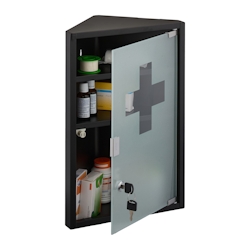 Relaxdays Medizinschrank, 3 Fächer, HBT: 45 x 30 x 17,5 cm, abschließbar, Stahl, Glastür, Eck Apothekenschrank, schwarz Image