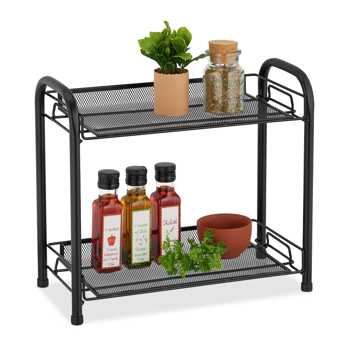 Relaxdays Gewürzregal, 2 Ebenen, Tischregal für Küche & Bad, Gewürze, Make-Up, Parfüm, Etagenregal aus Metall, schwarz Image