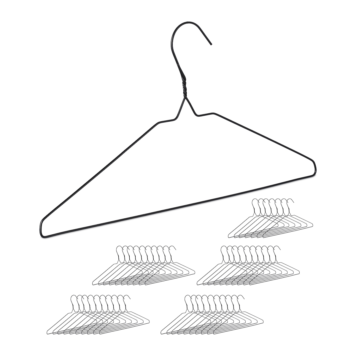 Relaxdays Drahtbügel, 48er Set, dünn, für Blusen, Shirts, mit Hosensteg, platzsparende Metall Kleiderbügel, schwarz Image