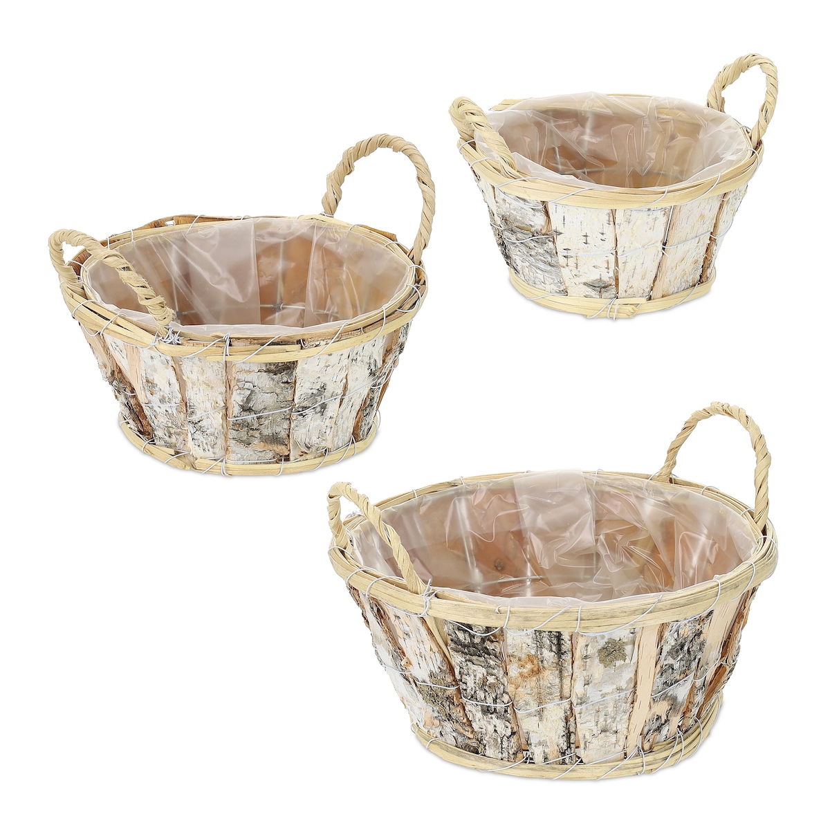 Relaxdays Blumentopf, 3er Set, Holz, Pflanzentöpfe mit Griffen, Folie, 3 Größen, Pflanzkörbe innen & außen, weiß/natur Image