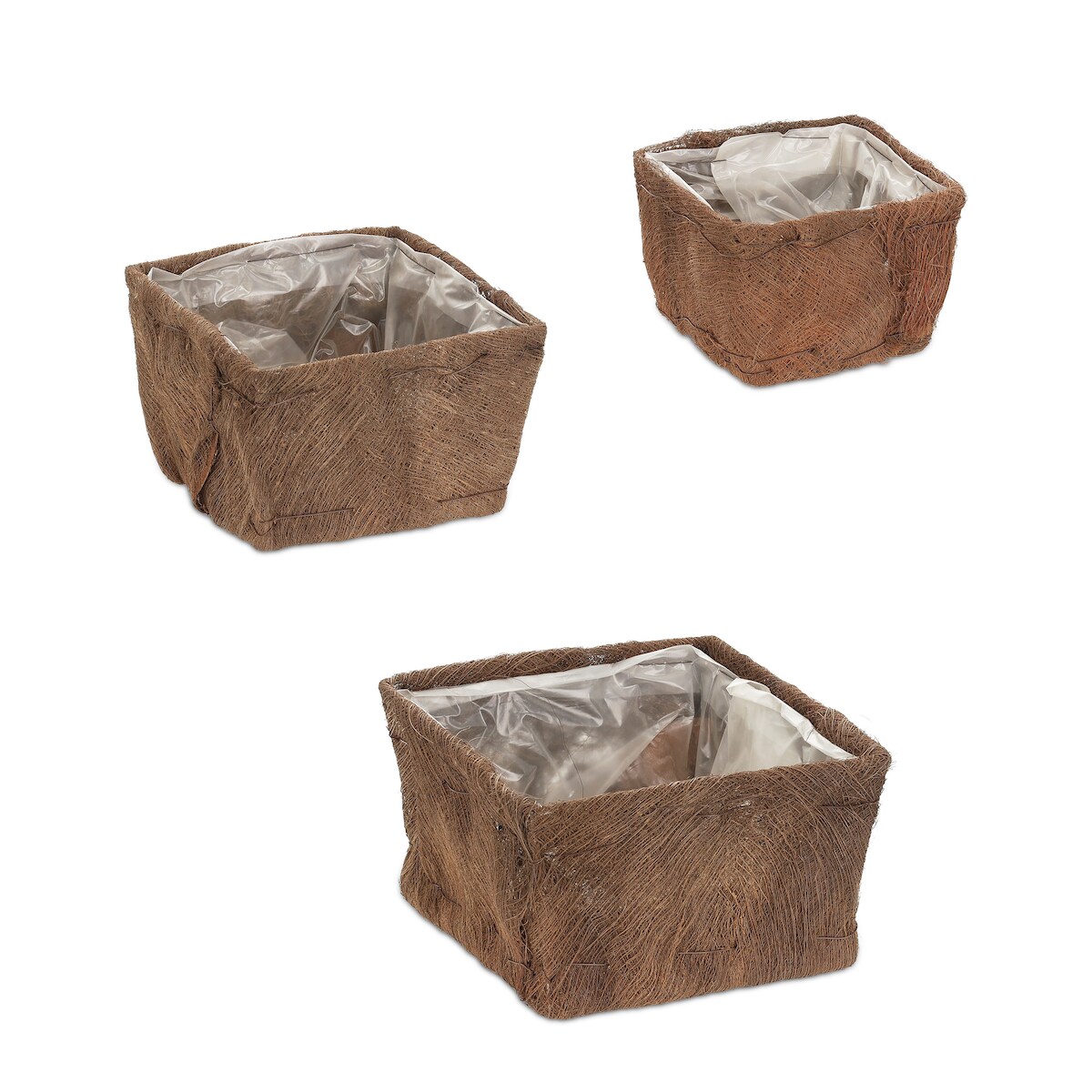 Relaxdays Blumentopf 3er Set, Kokosfaser, quadratisch, 3 Größen, Garten, Balkon & Fensterbank, Übertopf mit Folie, natur Image