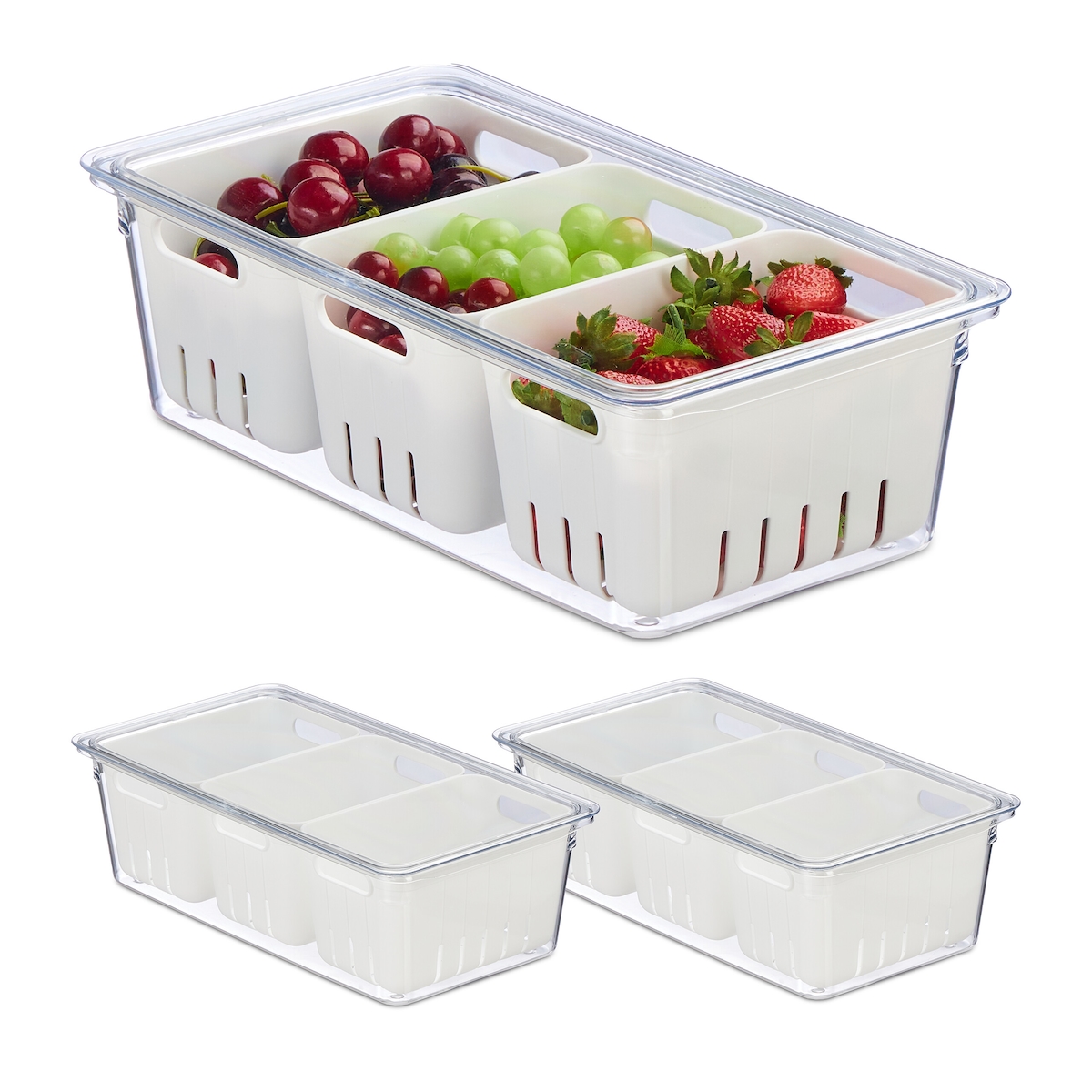 Relaxdays Kühlschrank Organizer, 3er Set, stapelbar, 3 Abtropfkörbe, Lebensmittel Organizer mit Deckel, transparent/weiß Image