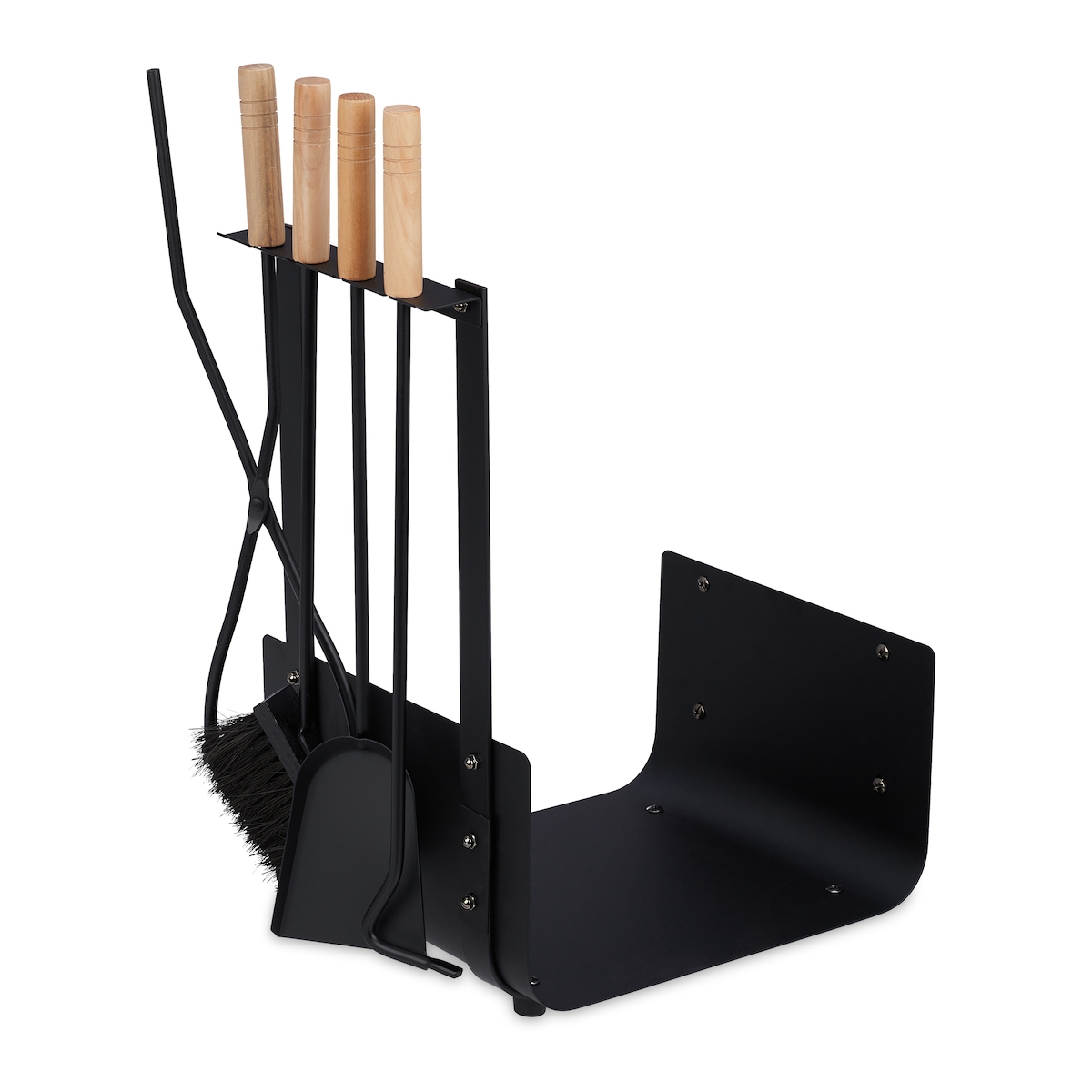 Relaxdays Kaminholzkorb Metall, mit 4 tlg. Kaminbesteck, Schaufel, Besen, Zange & Schürhaken, für innen, modern, schwarz Image