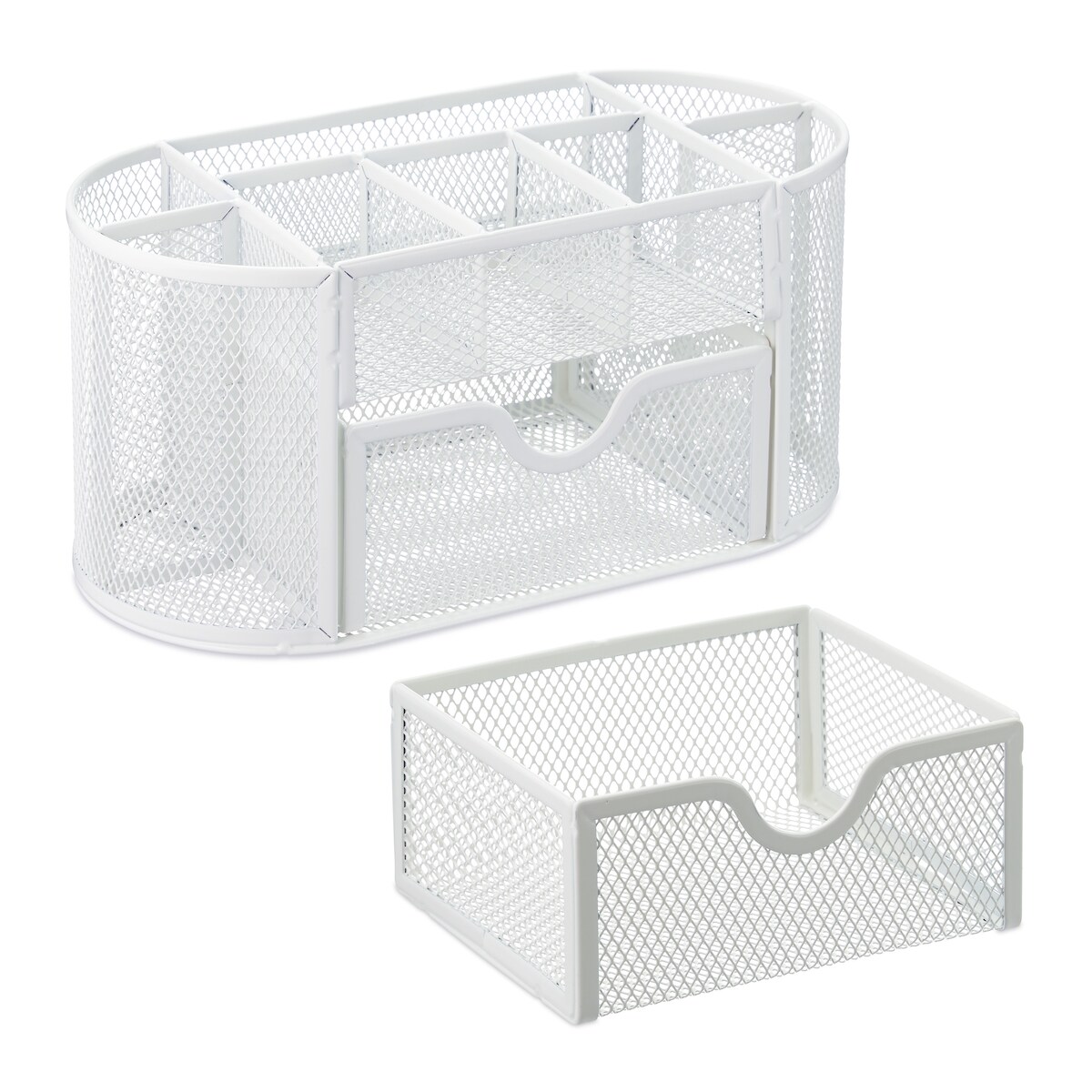 Relaxdays Stiftehalter, mit Schublade, Schreibtisch Organizer für Stifte, Metall Mesh, HBT ca. 10,5 x 22 x 11 cm, weiß Image