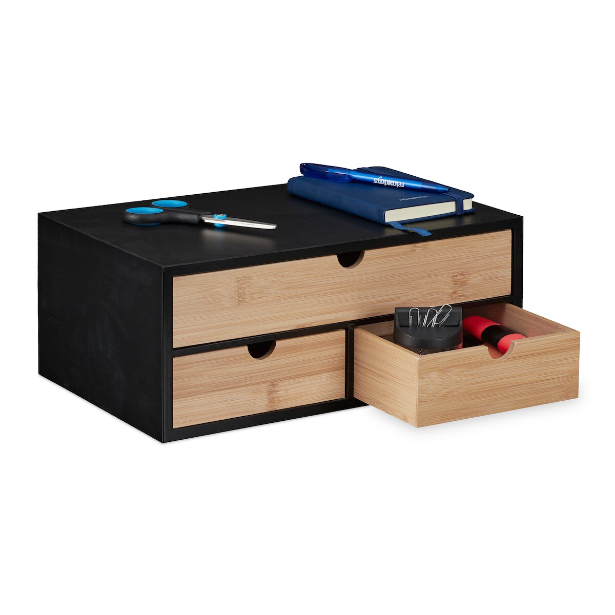 Relaxdays Schreibtisch Organizer, 3 Schubladen, Bambus & MDF, Schreibtischbutler Büro, HBT: 13,5x33x21 cm, natur/schwarz Image