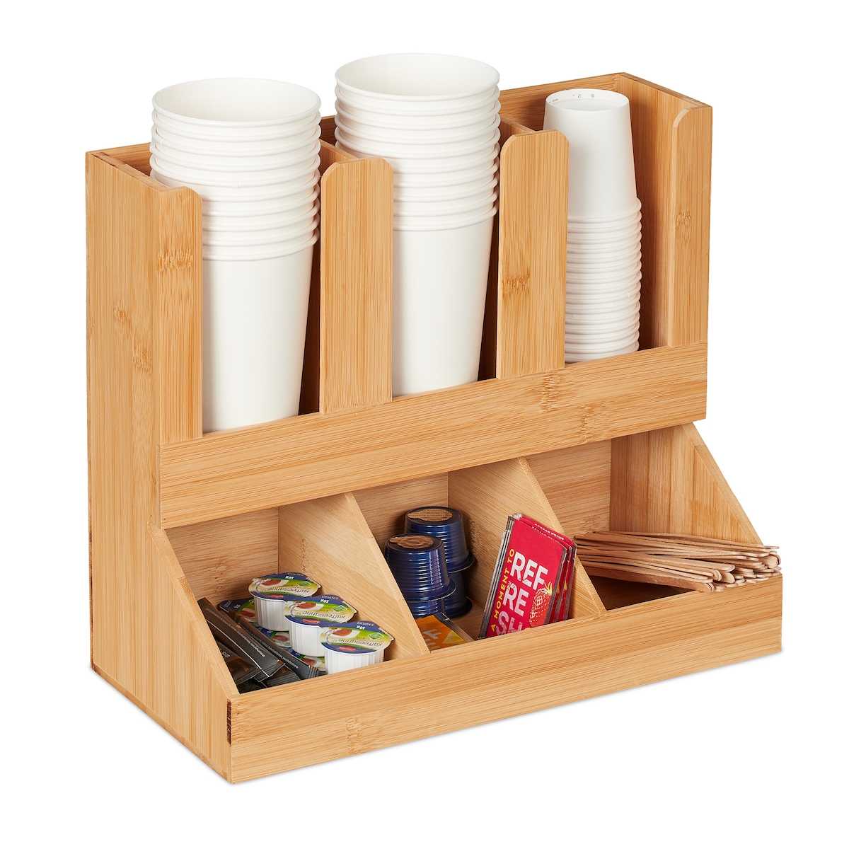 Relaxdays Kaffee Organizer, 6 Fächer, Bambus, HBT: 29,5 x 34,5 x 17 cm, Kaffeestation Milch, Zucker, Kaffeebecher, natur Image