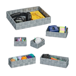 Relaxdays Aufbewahrungskorb 6er Set, Körbchen in 4 Größen, geflochten, Kunststoff, Metallrahmen, Körbe Badezimmer, grau Image