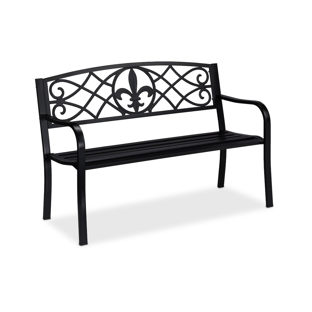 Relaxdays Gartenbank, Fleur de Lis Motiv, 2-Sitzer, Stahl, Garten und Terrasse, HxBxT: 86 x 127 x 60 cm, schwarz Image