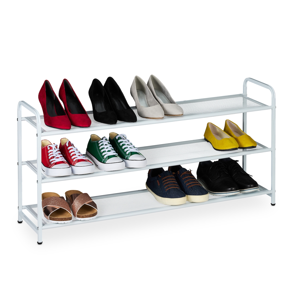 Relaxdays Schuhregal, 12 Paar Schuhe, 3 Ablagen, H x B x T: 48 x 100 x 25,5 cm, Metall, schmal, Schuhablage Flur, weiß Image