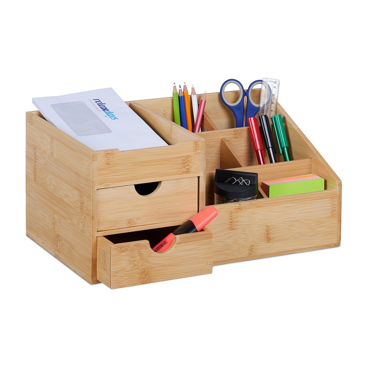 Relaxdays Schreibtisch Organizer, 2 Schubladen, 7 Fächer, HxBxT: 15,5 x 33 x 20,5 cm, Utensilienbox, Bambus, natur Image