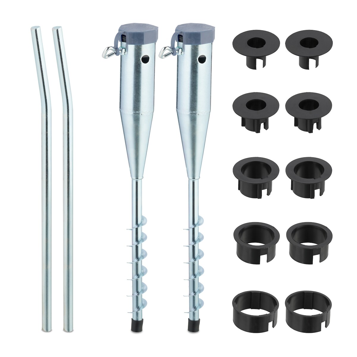 Relaxdays Bodenhülse, 2er Set, Sonnenschirm & Wäschespinne, zum Eindrehen, 25-55 mm Stangendicke, Bodendorn, silber/grau Image