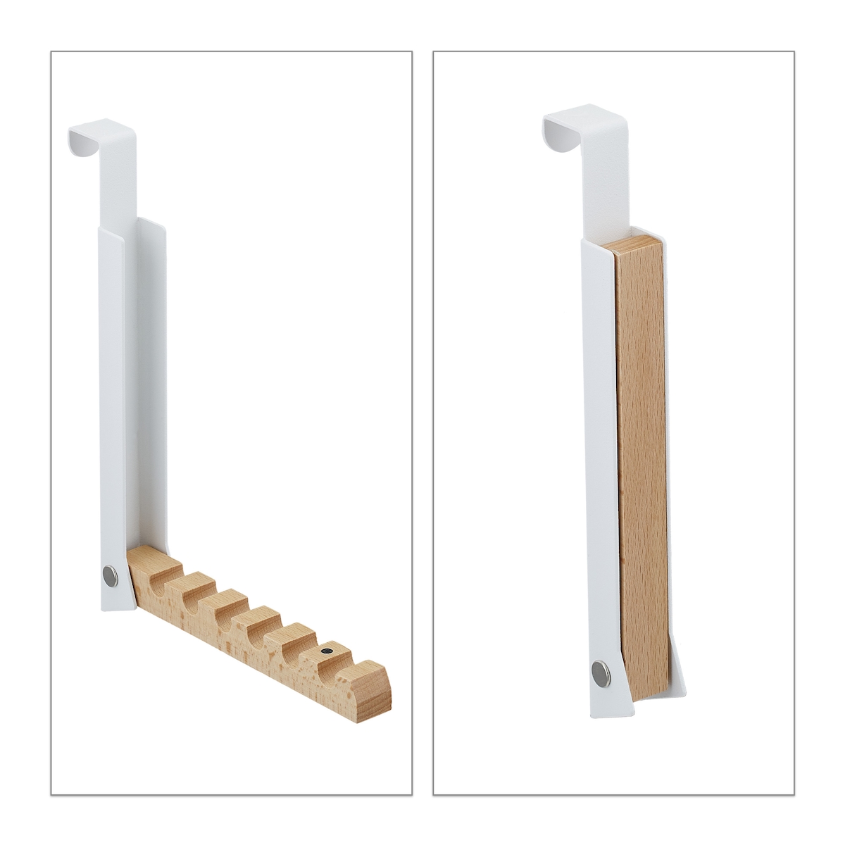 Relaxdays Türgarderobe klappbar, zum Einhängen, Türhaken für 6 Kleiderbügel, Metall & Holz, Haken für 2 cm Türfalz, weiß Image