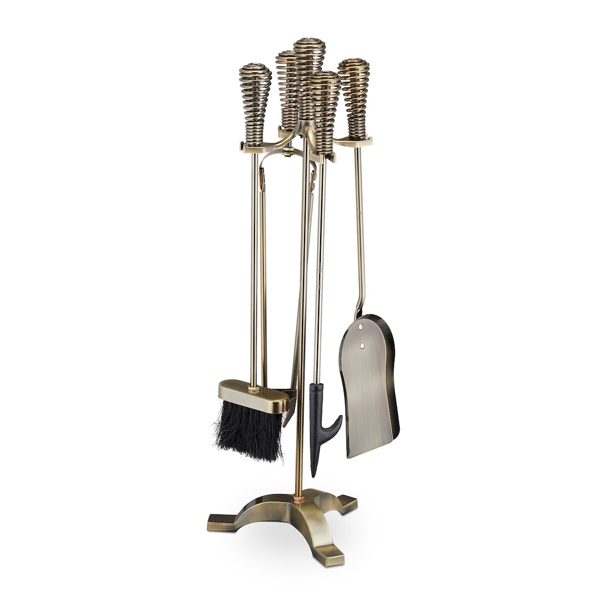 Relaxdays Kaminbesteck, 5-teiliges Set, Schürhaken, Ascheschaufel, Besen, Zange & Ständer, Kamingarnitur, Stahl, gold Image