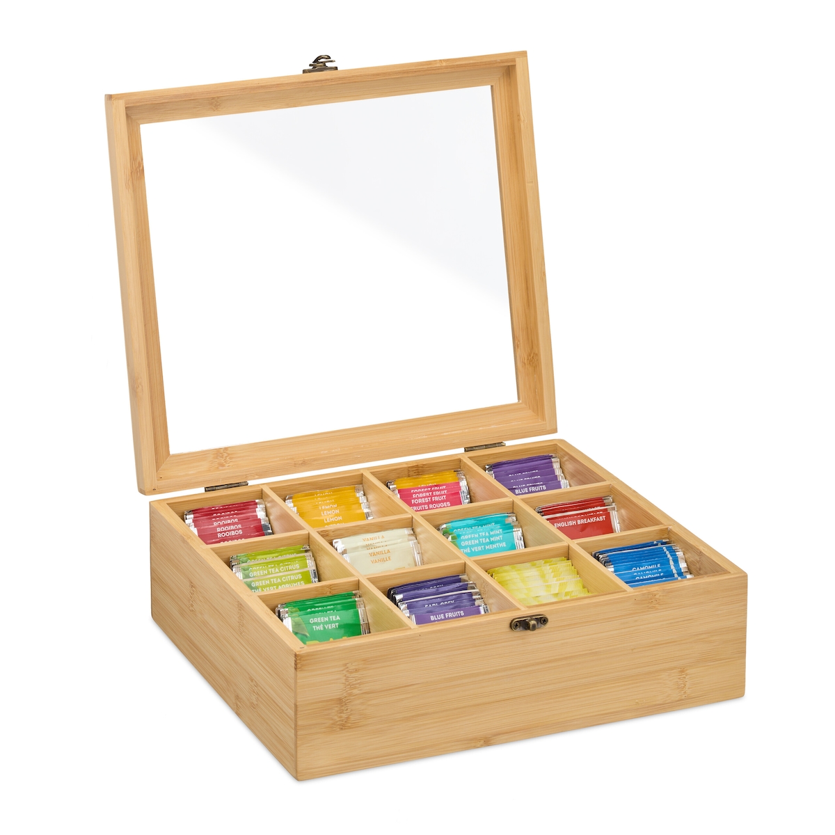 Relaxdays Teebox, 12 Fächer, Teebeutel Aufbewahrung, Bambus, Teekiste mit Sichtfenster, HxBxT: 11 x 32 x 28 cm, natur Image